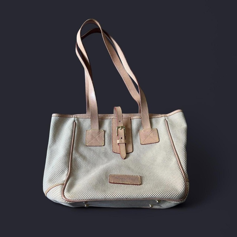 Cream and tan canvas tote bag with leather and buckle accents #preppy  Small sta
